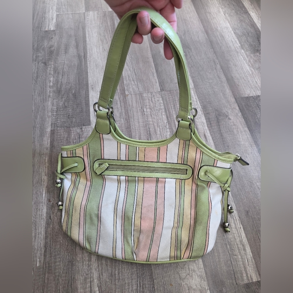 Green Pink Striped Bag Beach Bucket Shoulder Cittage Preppy Wedding Classy Tote